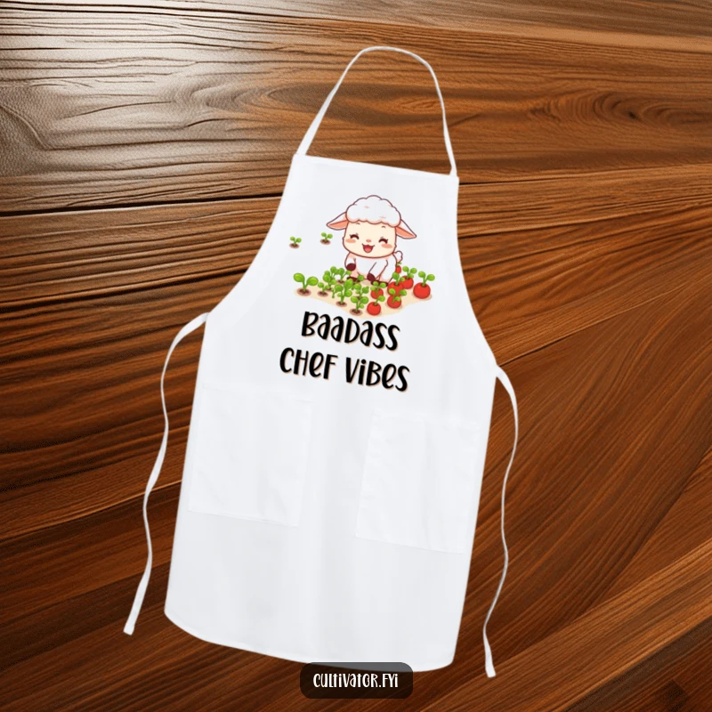 Funny happy sheep joyfully tending rows of tiny vegetables apron, perfect for kitchen gardening and farm laughs.