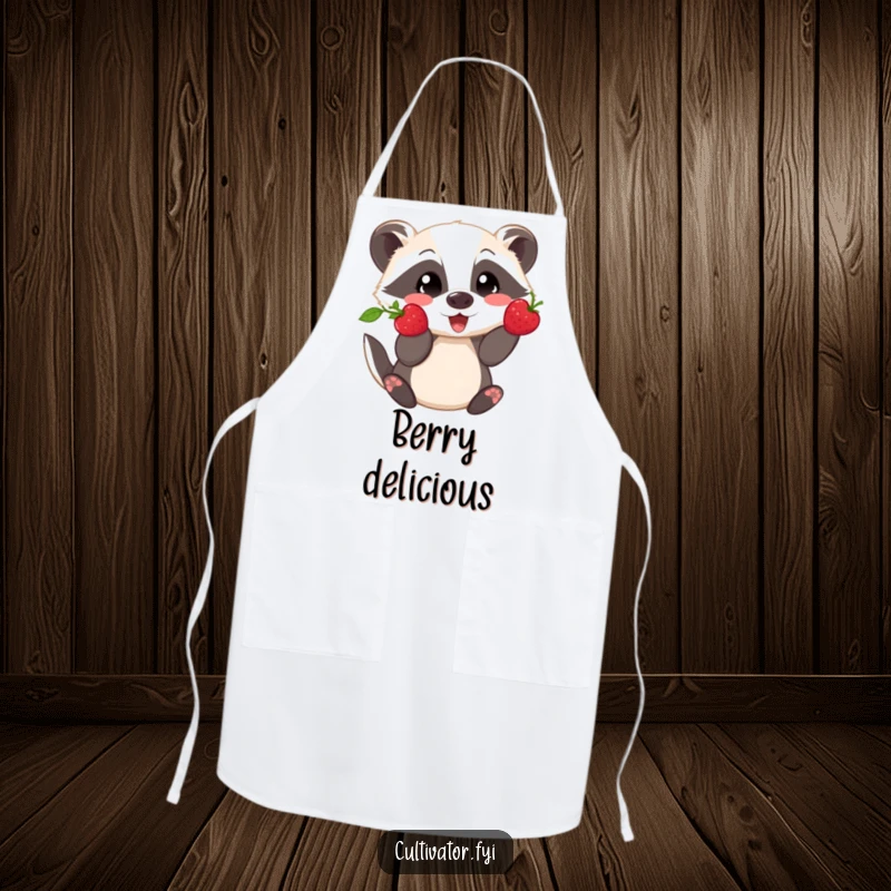 Funny apron showing a playful badger proudly displaying a freshly picked berry, perfect for kitchen adventures.
