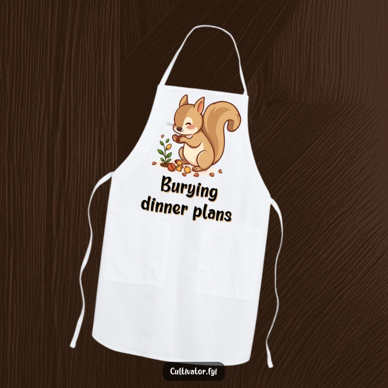 Funny apron depicting a squirrel scattering nuts near a small plant, perfect for adding woodland humor to cooking.