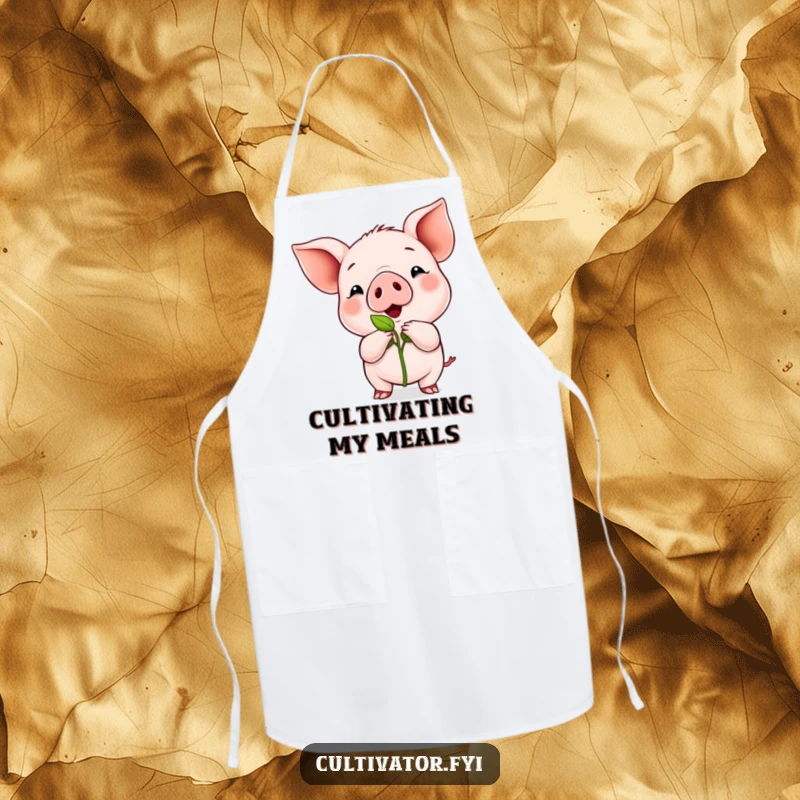 Funny apron depicting a proud piglet displaying a tiny green sprout, perfect for adding gardening humor.