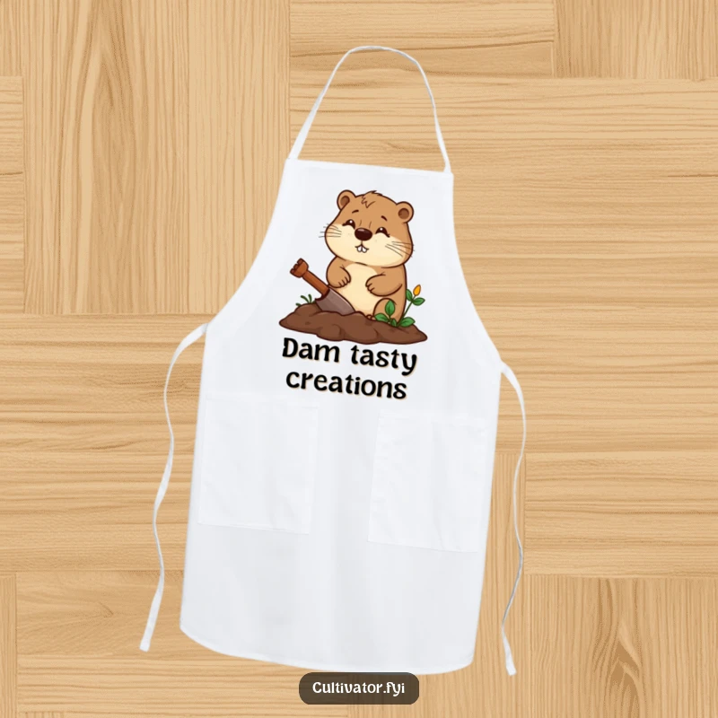 Funny beaver apron showing a diligent beaver digging a garden bed with a determined expression, a practical funny gift.