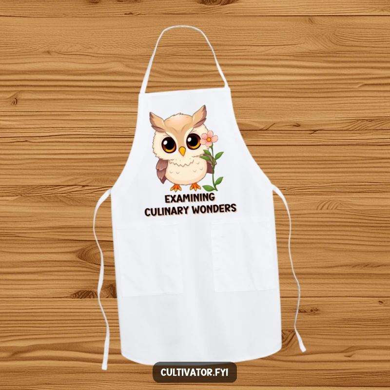 Funny owl apron showing a curious owl examining a blooming flower with wide, amazed eyes, a functional funny gift.