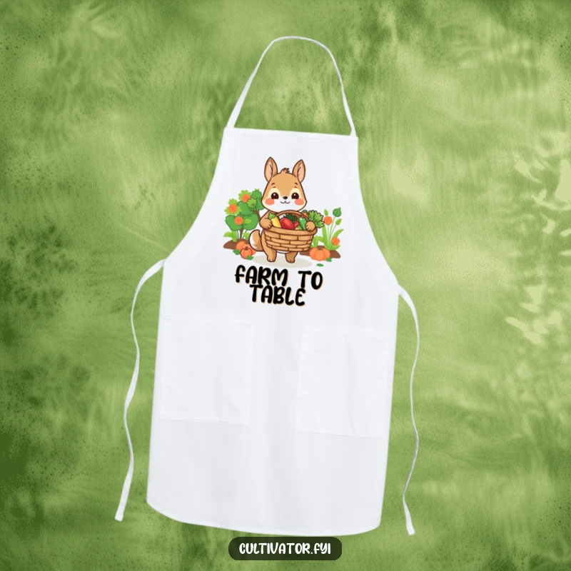 Funny apron showcasing a smiling animal character offering a basket of fresh produce, perfect for humorous cooking sessions.