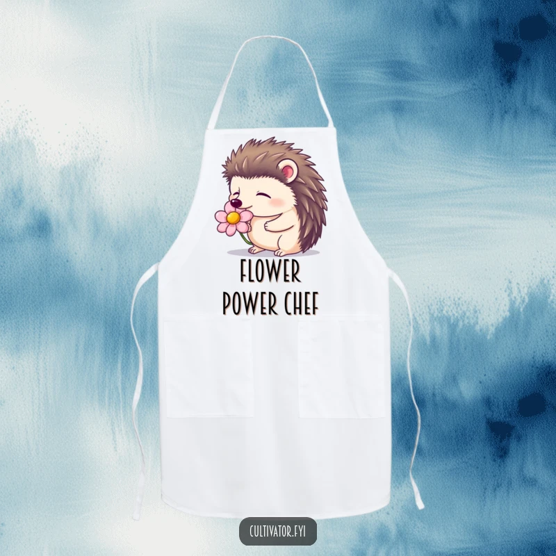 Funny apron showing a contented hedgehog with closed eyes, smelling a blooming flower, perfect for garden tasks.