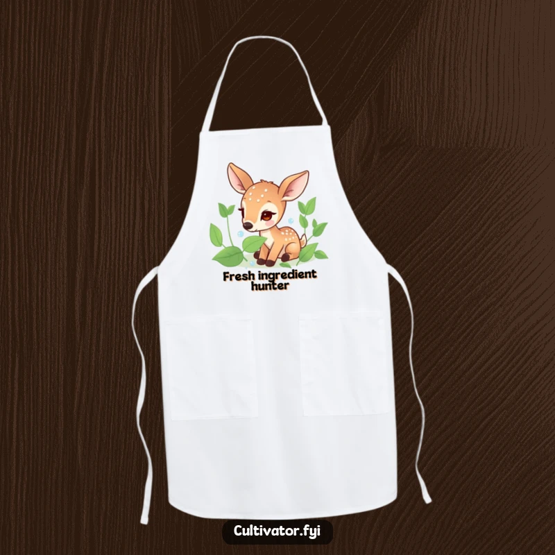 Funny apron design with a focused deer character carefully collecting dew drops from leaves, ideal for kitchen protection with natural charm.