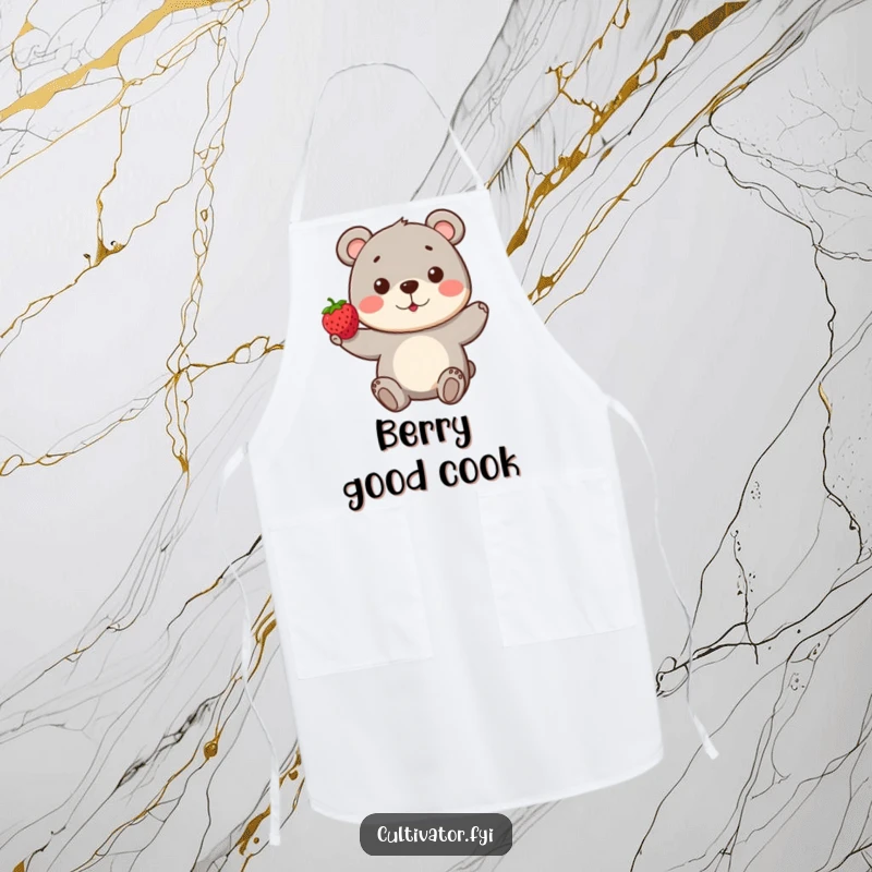 Funny Bear Apron: A playful bear proudly presents a single, perfect berry, adding a touch of humor to kitchen activities.
