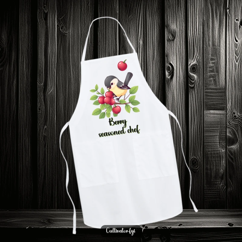 Funny chickadee apron, a cheerful bird on a berry bush, humorous kitchen wear, practical and funny gift.