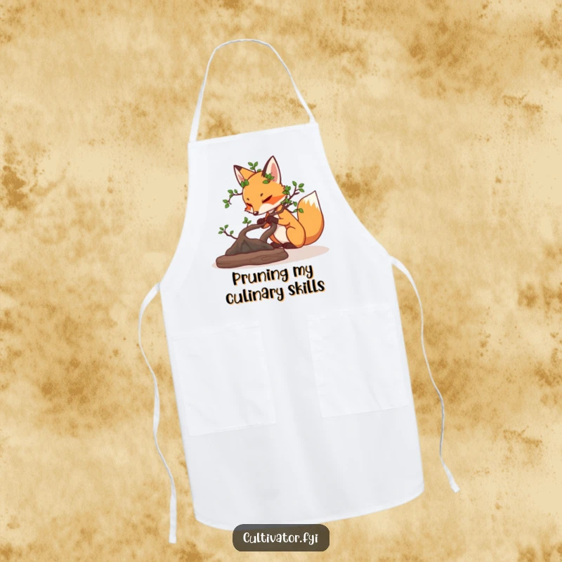 Funny determined fox carefully pruning a miniature bonsai tree apron, perfect for detailed work and witty protection.