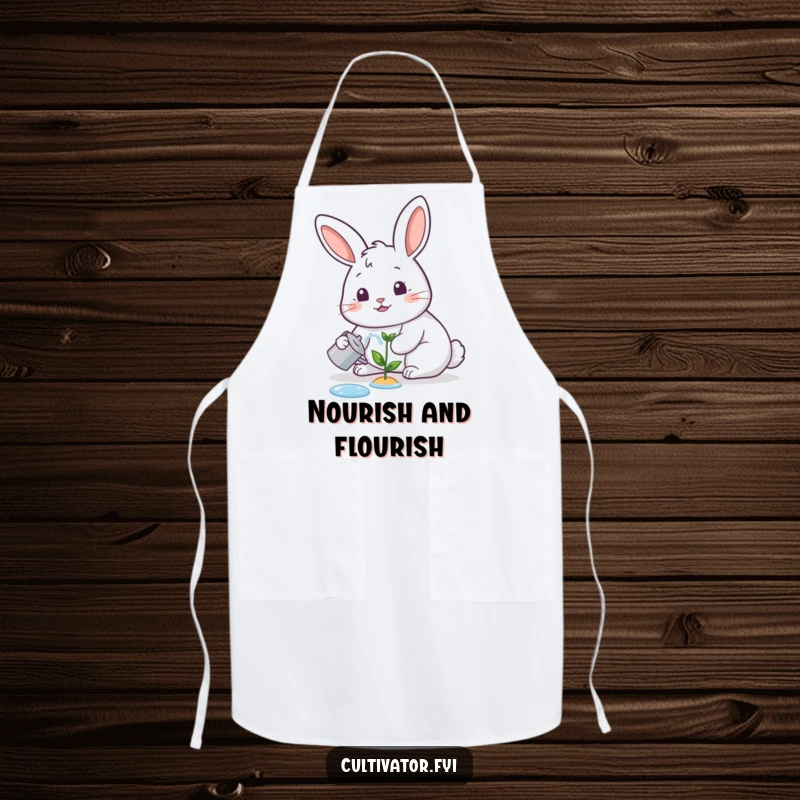 Funny apron, happy rabbit watering a tiny sprout with a cheerful expression, humorous and practical.