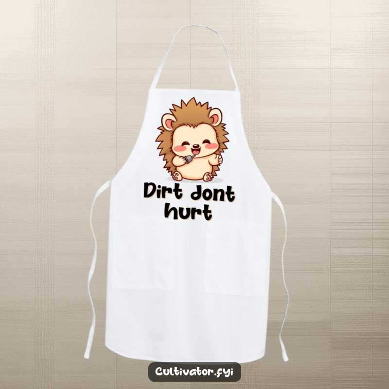 Funny apron with a delighted hedgehog character humorously digging in rich soil, ideal for a funny and functional kitchen accessory.