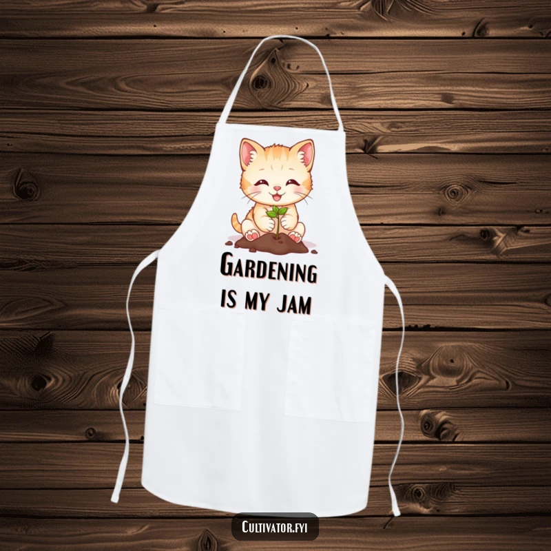 Funny smiling kitten planting a seed on an apron, offering protection with cute and humorous gardening flair.