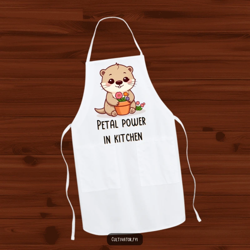 Funny otter apron displaying a cheerful otter carefully tending a flower pot, a humorous and practical accessory for cooks.