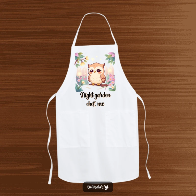 Funny apron design with a peaceful owl character watching glowing fireflies illuminate a lush garden, perfect for protecting clothes during cooking.
