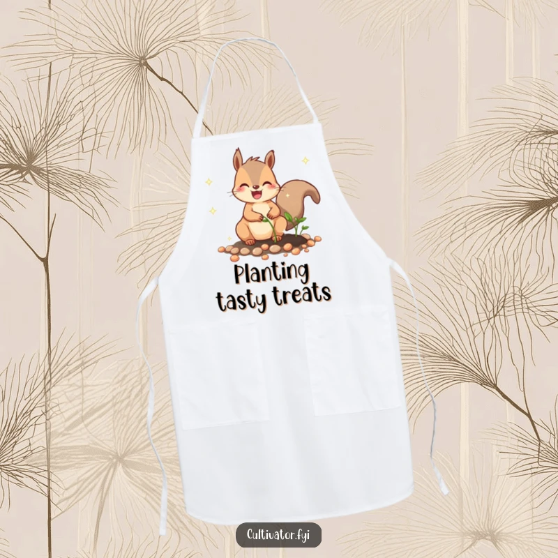 Funny apron with a joyful squirrel character humorously planting sparkling seeds, ideal for a funny and functional kitchen accessory.