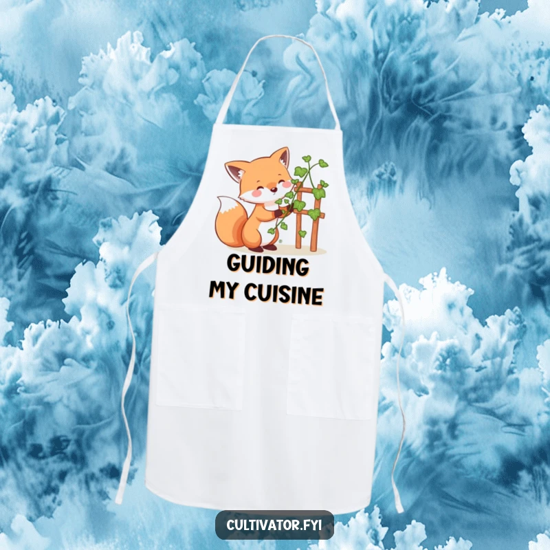 Funny whimsical fox apron, happily guiding a vine up a small trellis, a humorous and practical accessory for garden or kitchen tasks.