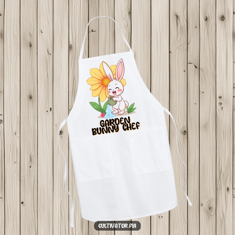 Funny apron with a happy bunny character enthusiastically watering a giant, vibrant flower, perfect for gardeners and bakers.
