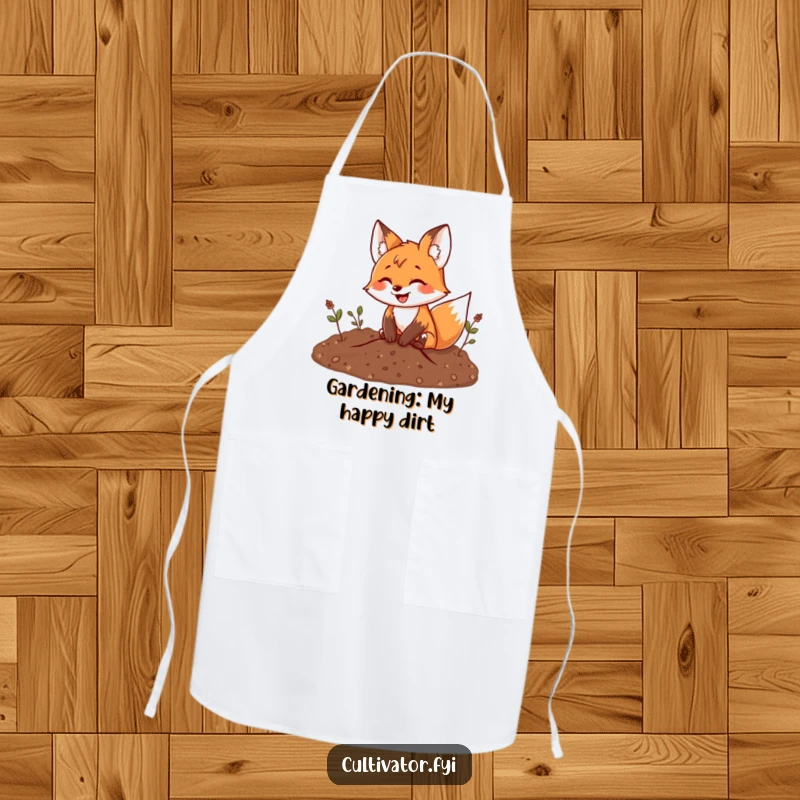 Funny fox apron showing a happy fox digging with enthusiasm, perfect for kitchen fun or garden work, a humorous accessory.