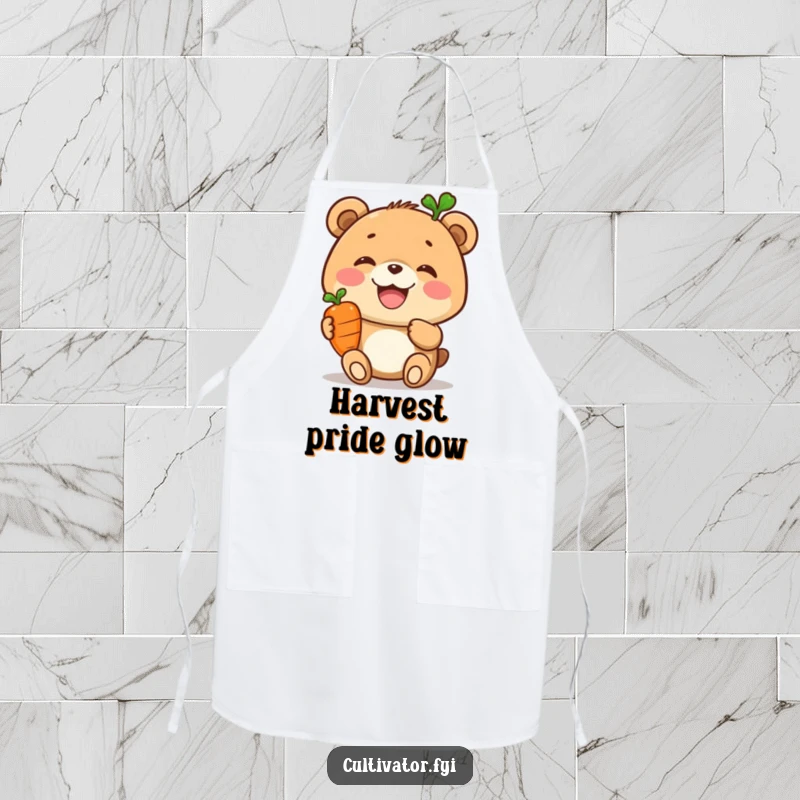 Funny apron, joyful bear proudly displaying a tiny carrot, kitchen accessory, healthy cooking gift, chef's helper.