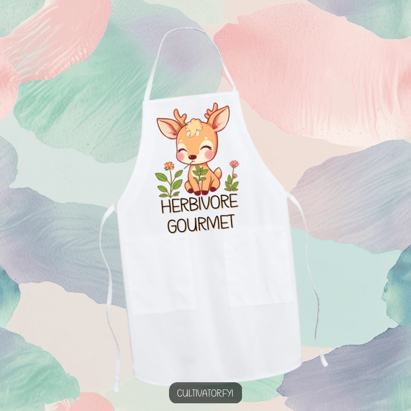 Funny Deer Apron: Beaming deer with closed eyes enjoying a herb's scent, adding humorous charm to cooking.