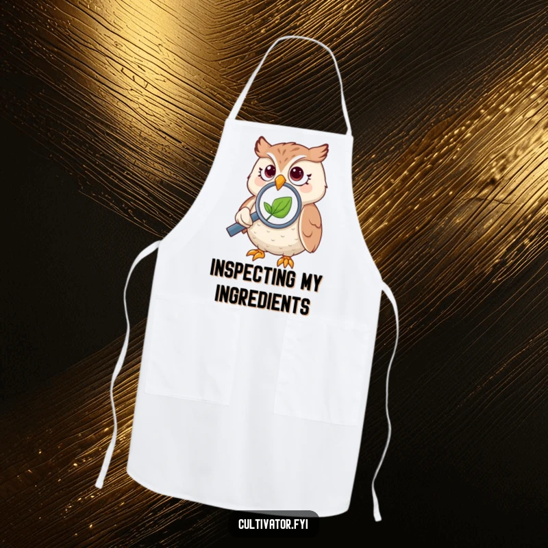 Funny owl apron, showing an owl with a magnifying glass inspecting a tiny leaf, ideal for protecting clothes.