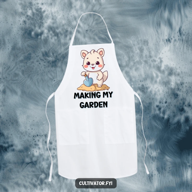 Funny apron showcasing a cheerful animal character using a small trowel to shape the earth, perfect for humorous gardening sessions.