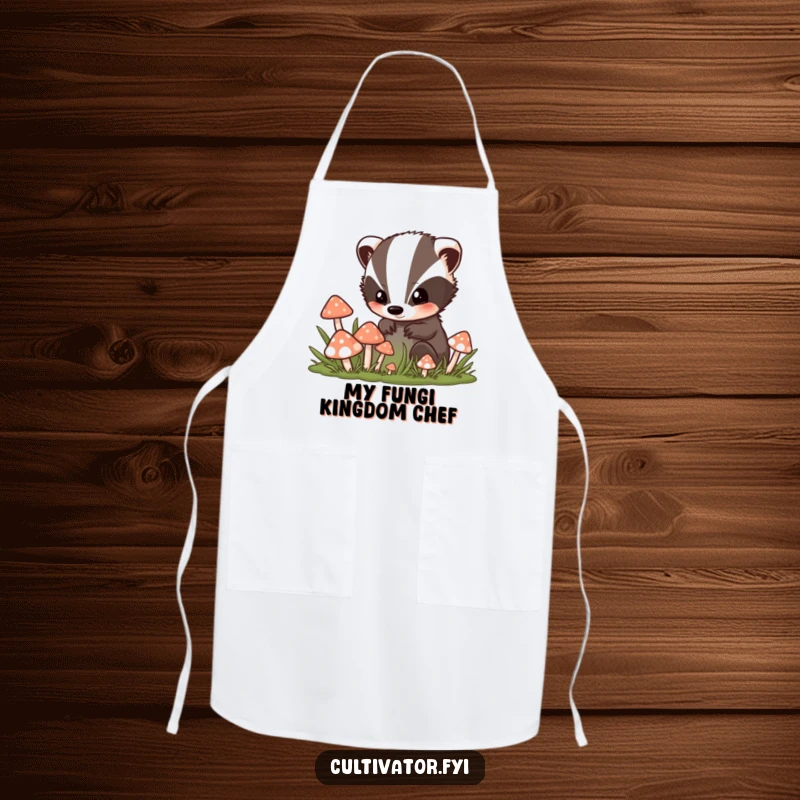Funny apron design with a curious badger character peering into a mushroom patch, ideal for kitchen protection with a whimsical touch.