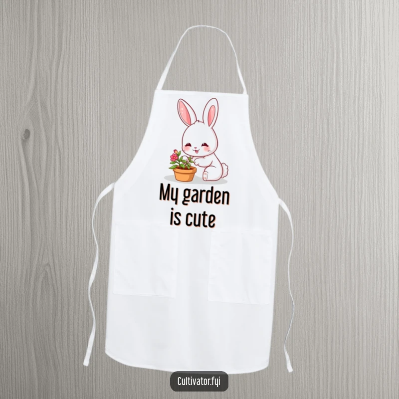 Funny apron with a smiling bunny character happily caring for a small, vibrant potted plant, perfect for gardening tasks.