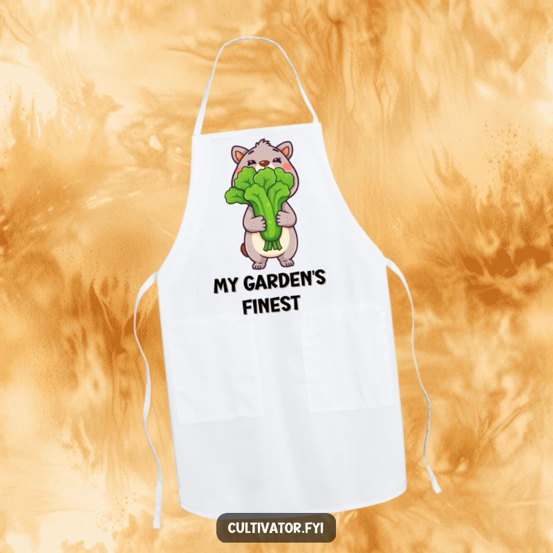 Funny Apron with an animal character proudly holding a freshly picked vegetable, blending kitchen practicality with garden charm.