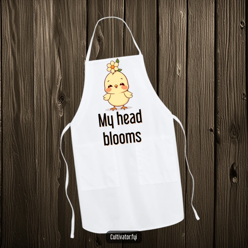 Funny apron, happy chick balancing a small flower on its head, kitchen accessory, cheerful cooking gift, baking helper.