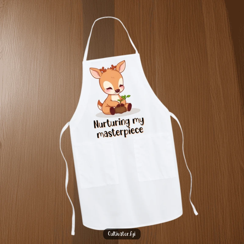 Funny perky deer apron, gently nurturing a sprouting seedling with its paws, a humorous and practical accessory for culinary or garden tasks.