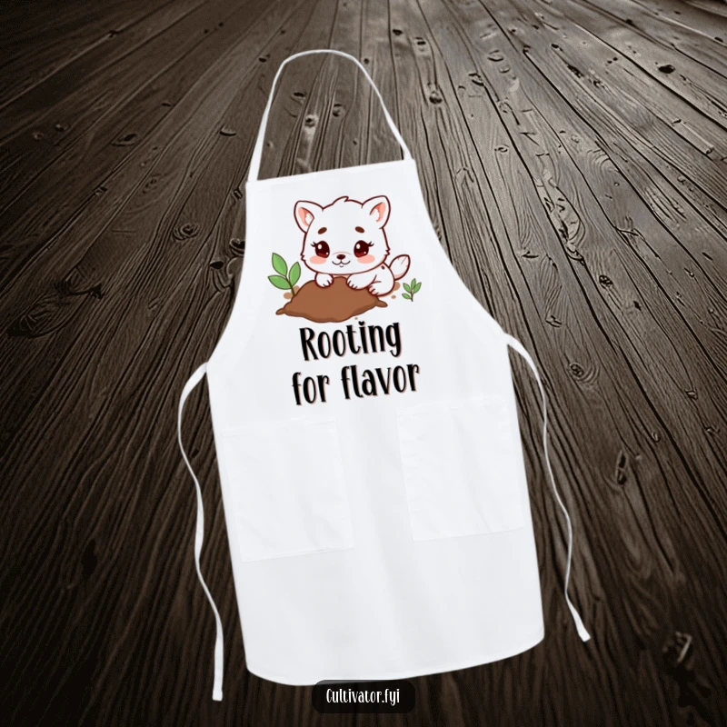 Funny Apron with a determined animal character digging happily in the soil with small paws, blending kitchen practicality with garden charm.