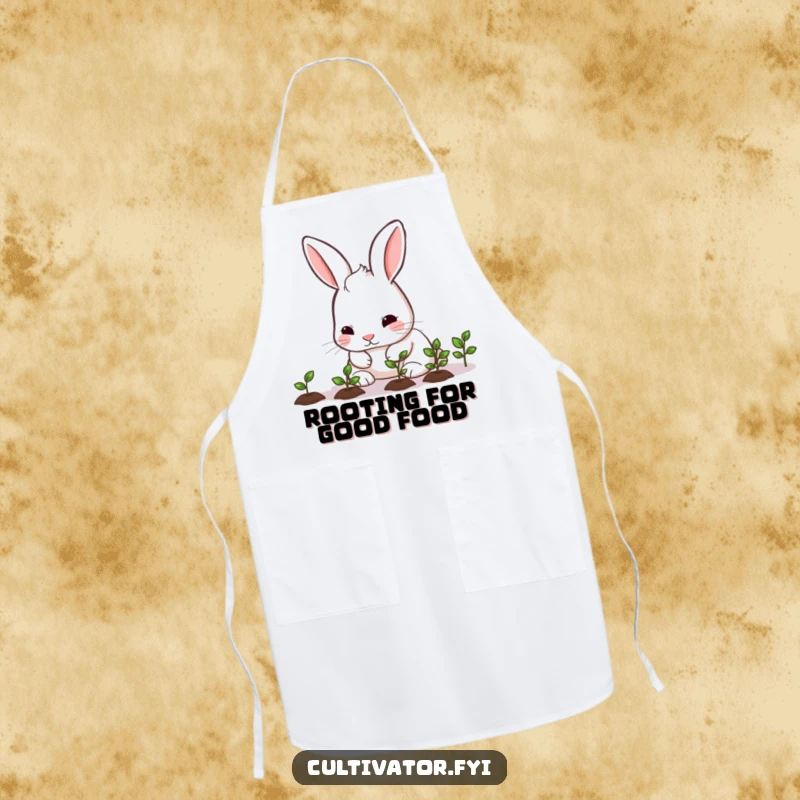 Funny rabbit nurturing seedlings on an apron, offering protection with cute and humorous gardening flair.