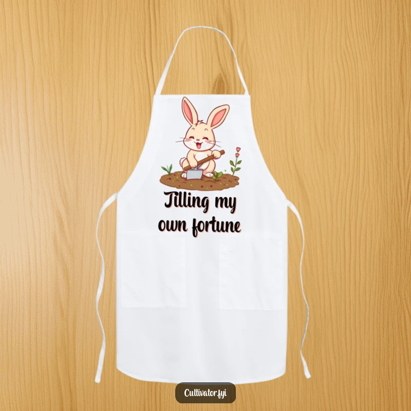 Funny bunny apron, enthusiastically tilling a small garden patch with a trowel, a humorous accessory for kitchen or garden tasks.