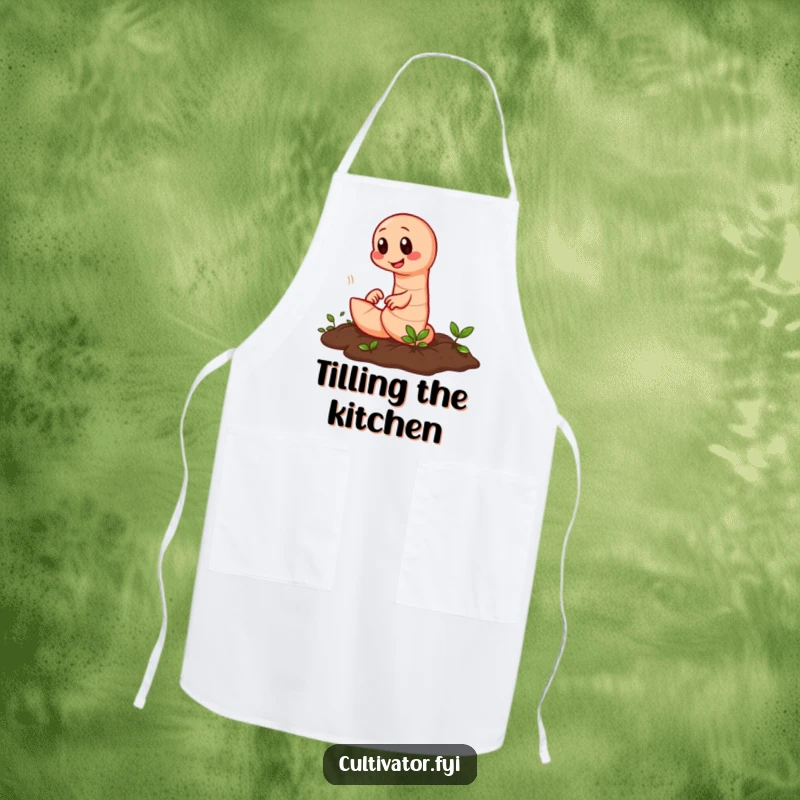 Funny earthworm tilling apron showing a diligent worm rapidly working the soil, ideal for gardening.