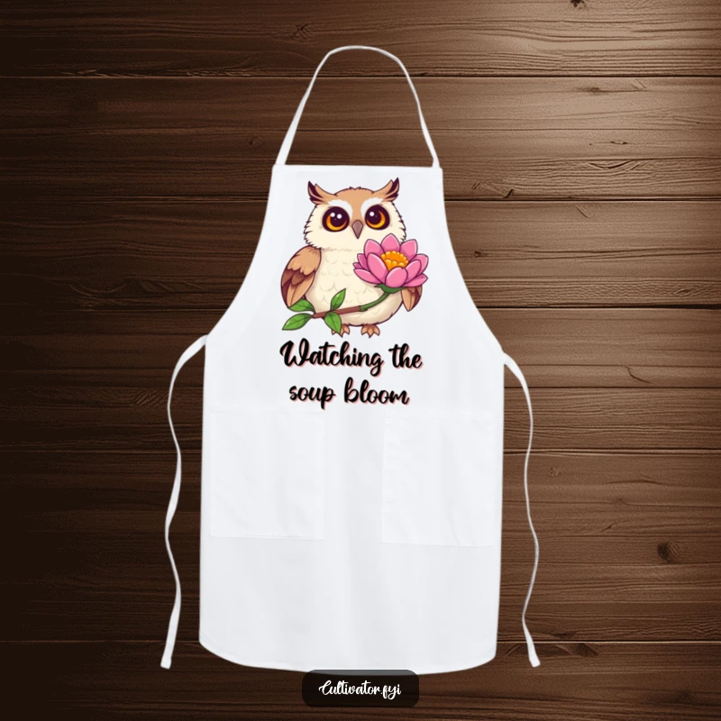 Funny joyful owl apron, observing a vibrant flower bloom with wide eyes, a humorous and practical accessory for kitchen or garden tasks.