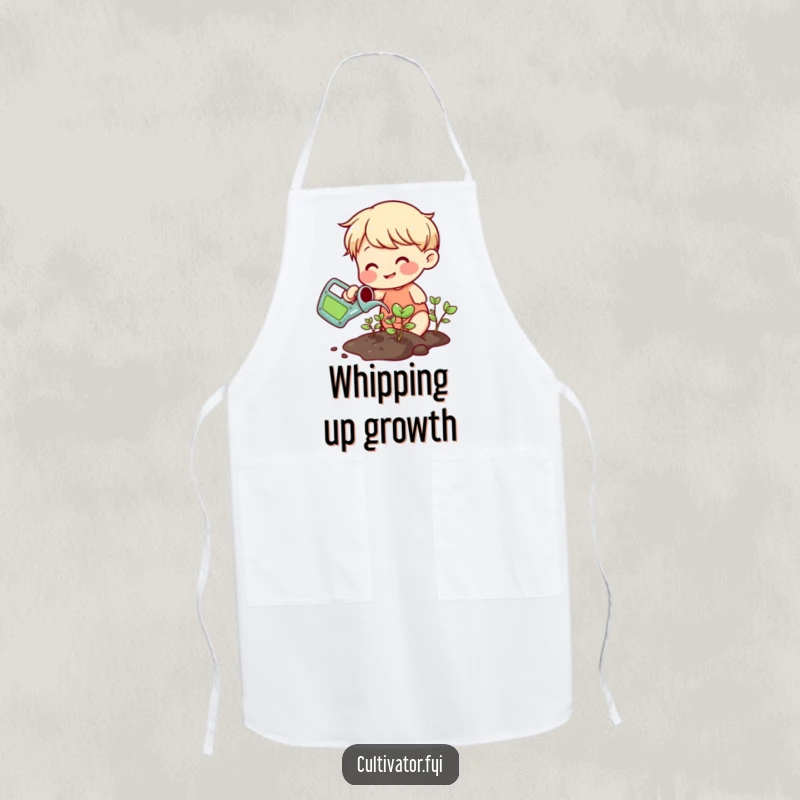 Funny smiling character watering sprouts with a small colorful watering can apron, perfect for plant care and kitchen laughs.