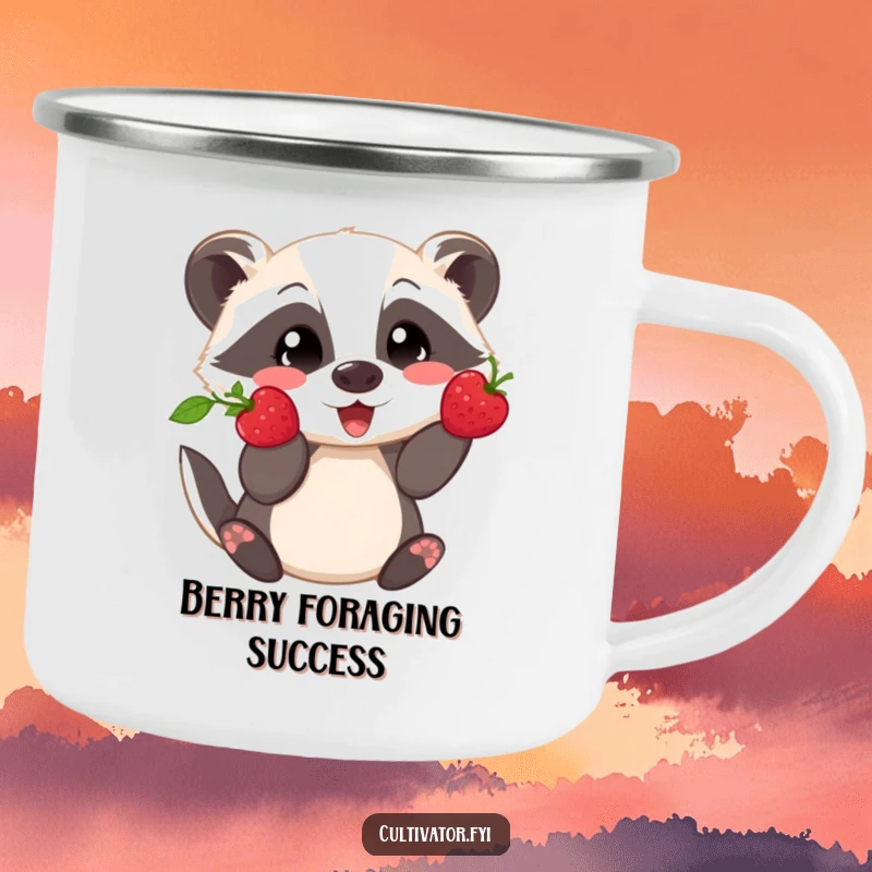 Funny camping mug with a playful badger proudly showing off a freshly picked berry, perfect for outdoor enjoyment.