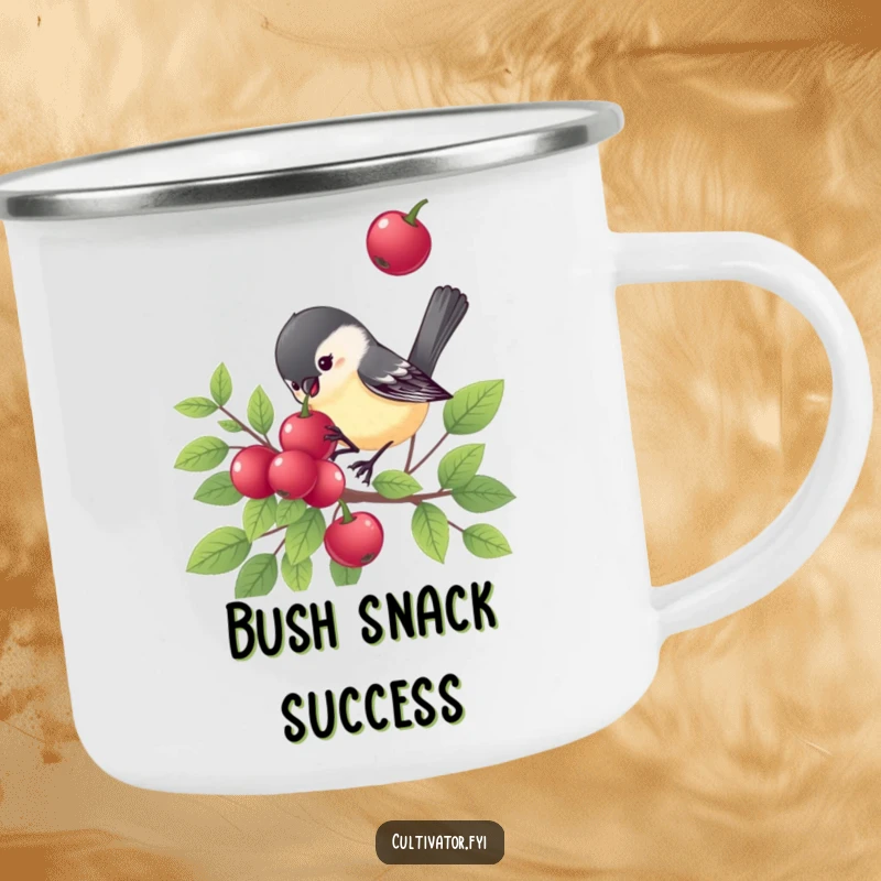Funny chickadee camping mug, a cheerful bird on a berry bush, durable enamel mug, humorous outdoor gear, perfect funny gift.