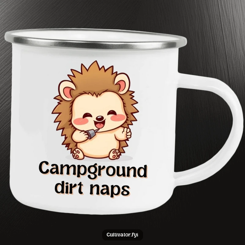 Funny camping mug featuring a delighted hedgehog character humorously digging in rich soil, ready for outdoor, funny garden adventures.