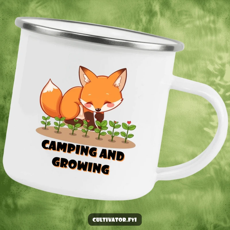 Funny fox camping mug showing a playful fox tending to tiny seedlings with enthusiasm, a durable funny gift.