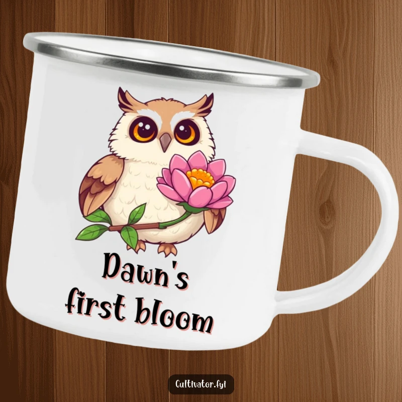 Funny joyful owl camping mug, observing a vibrant flower bloom with wide eyes, durable and humorous for campfire stories.