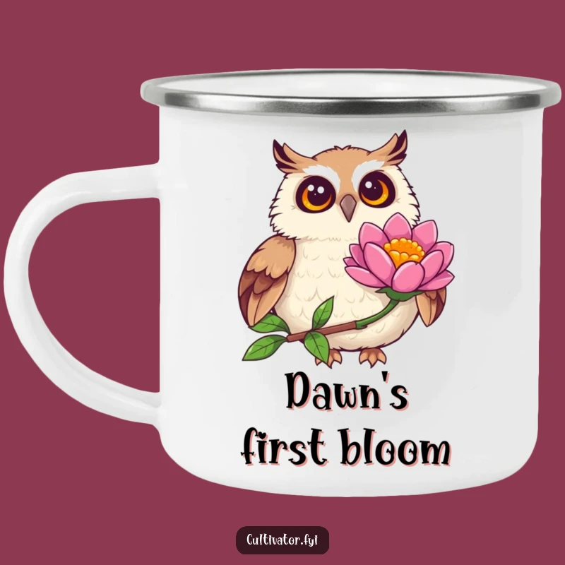 Funny Joyful Owl Observing Flower Camping Mug - Outdoor Nature Humor