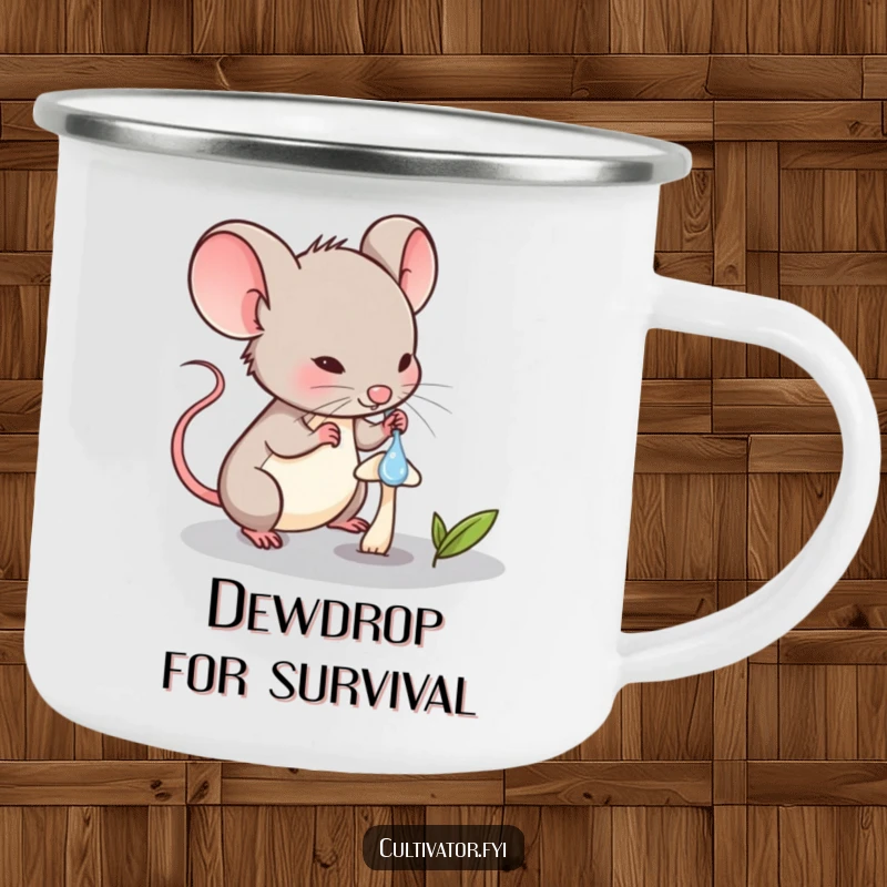 Funny Mouse Camping Mug: Determined mouse carefully waters a minuscule mushroom with a dropper, for outdoors.