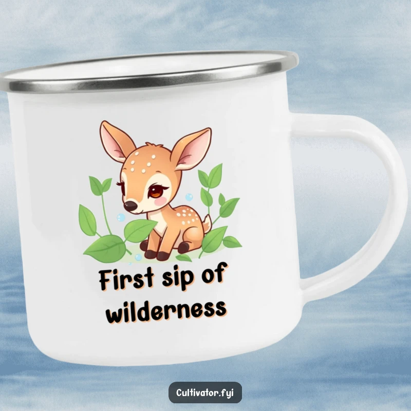 Funny camping mug displaying a focused deer character delicately collecting dew drops from leaves, designed for durable outdoor use and enjoyment.