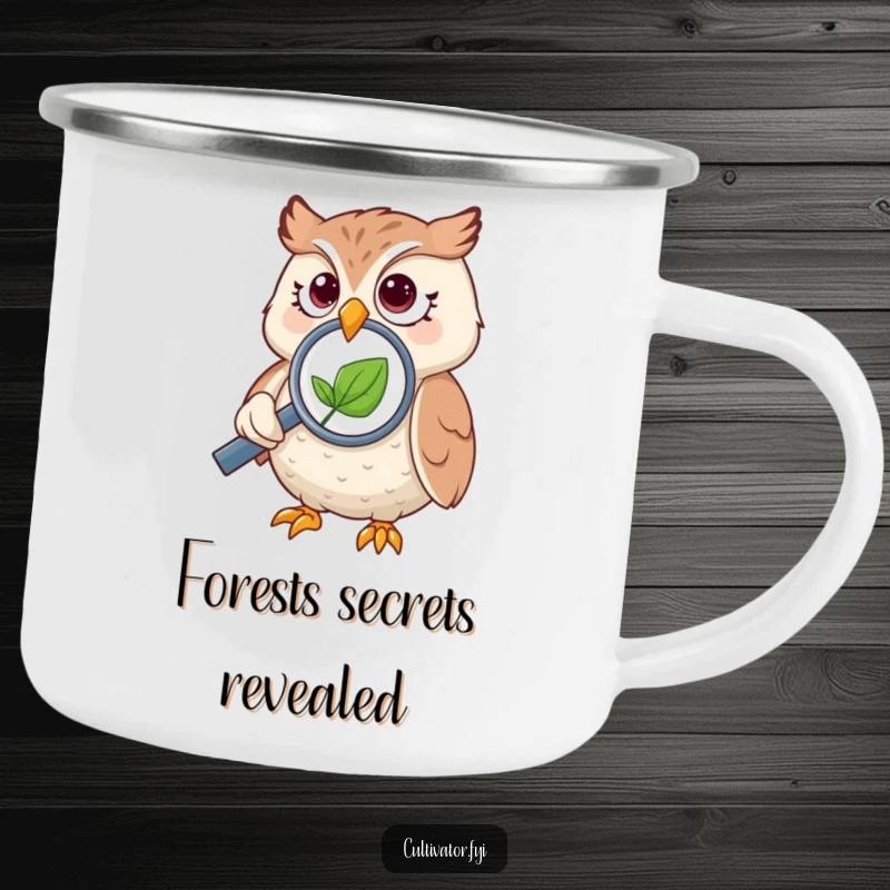 Funny owl camping mug, showing an owl intently examining a tiny leaf with a magnifying glass, for explorers.
