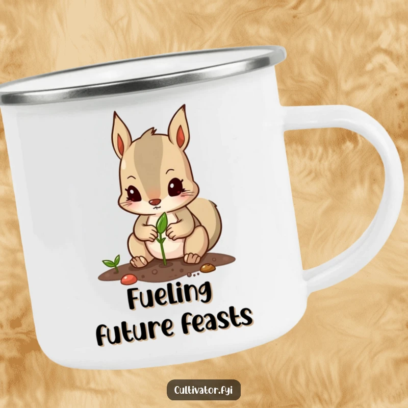 Funny enamel camping mug with a determined squirrel character carefully planting a seed with its tiny paws, perfect for outdoor use.