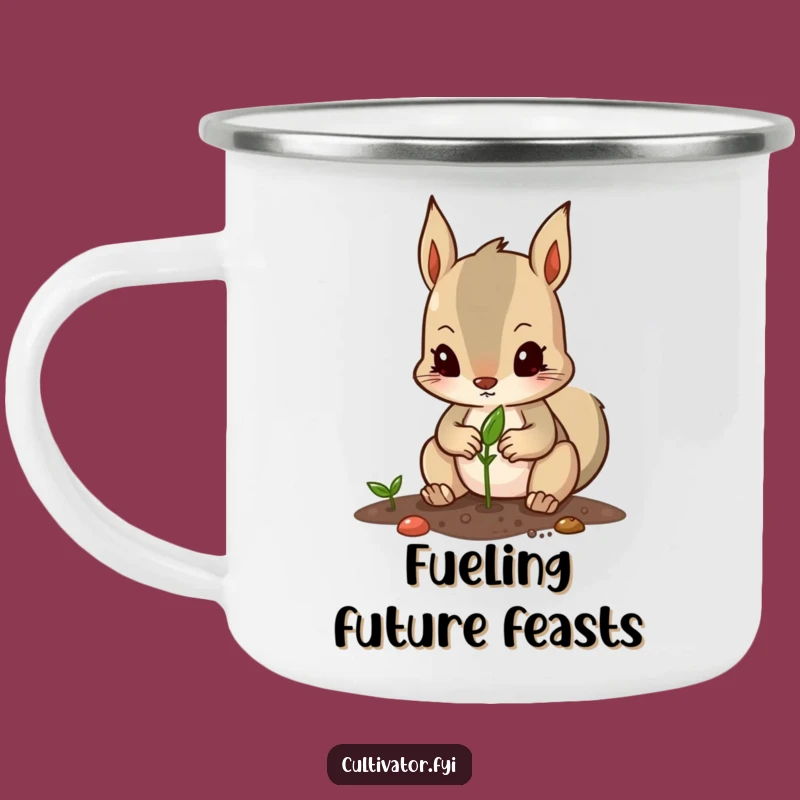 Funny Enamel Camping Mug: Squirrel Gardener Planting Seed