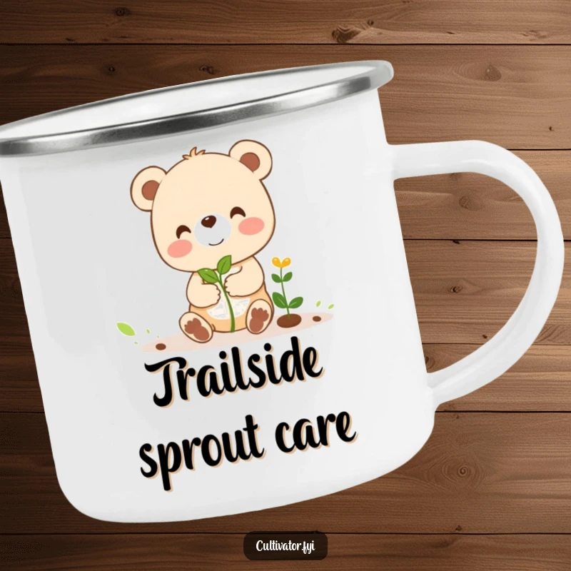 Funny camping mug featuring a cheerful bear cub character humorously guiding a tiny sprout, ready for funny outdoor adventures.