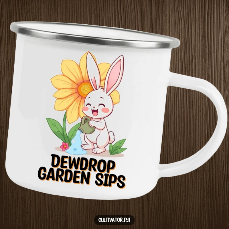 Funny enamel camping mug with a happy bunny character enthusiastically watering a giant, vibrant flower, ideal for outdoor gardeners.