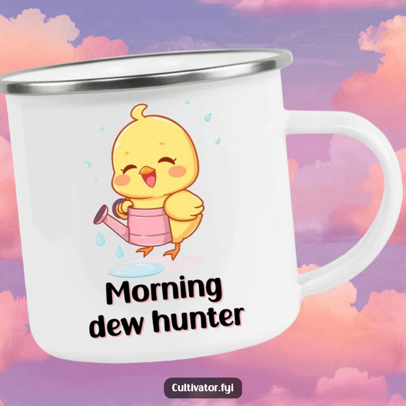 Funny camping mug with a joyous chick happily collecting dewdrops in a tiny watering can, perfect for outdoor spring.